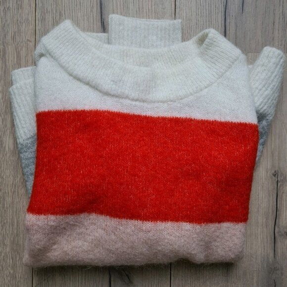 H&M - Wool-Blend Sweater Jumper | White, Gray, Pink, & Red Colorblock | Small - Picture 7 of 8